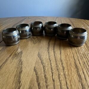 Gold And Silver Elegant Engraved Floral India 6 Napkin Rings Brass Set Of 6 VTG